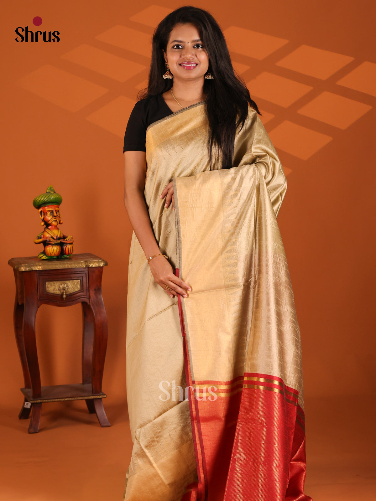 Cream with Maroon - semi raw silk - Shop on Shrus.com
