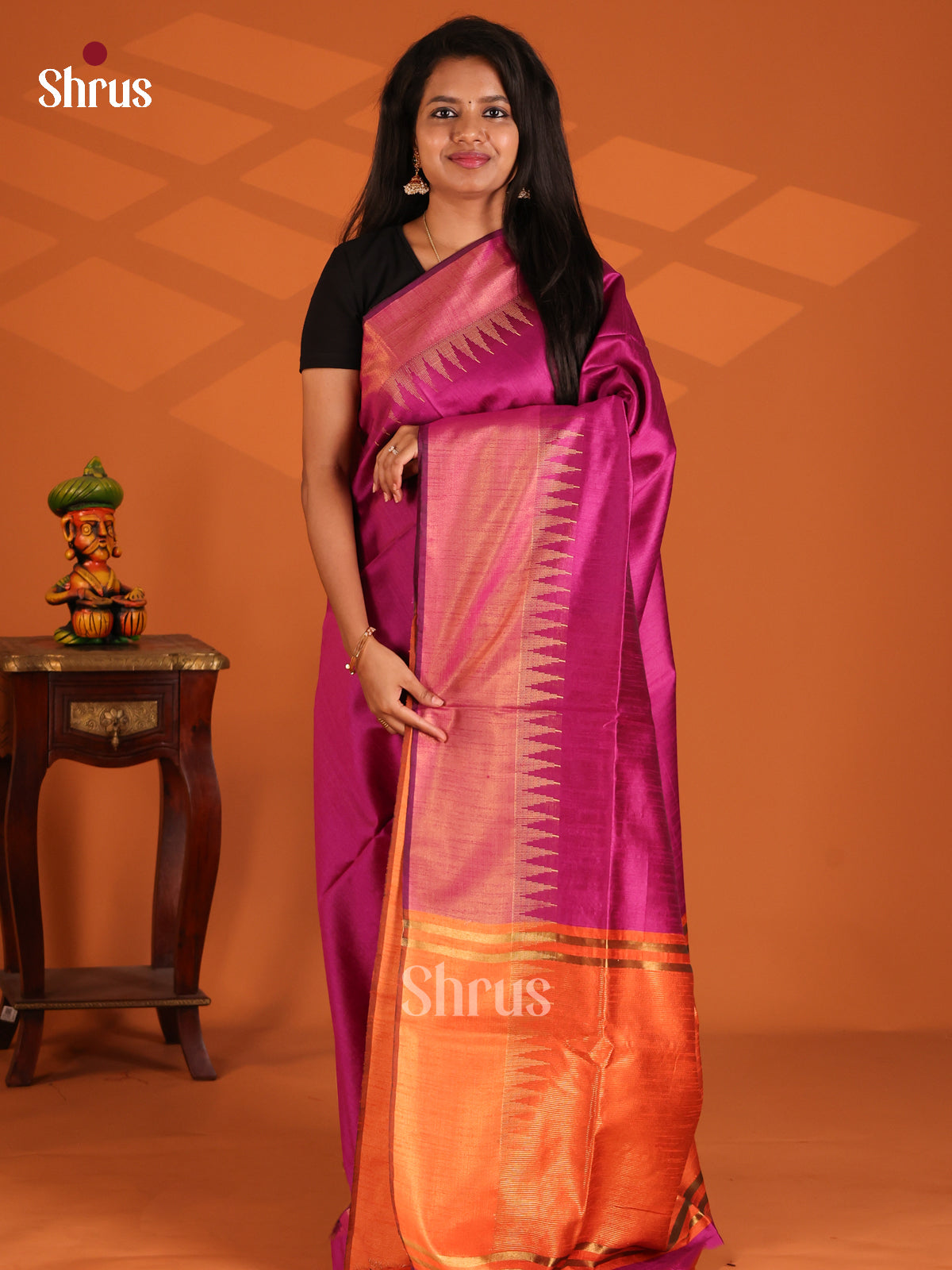 Purple with Orange - Semi Rawsilk Saree - Shop on Shrus.com