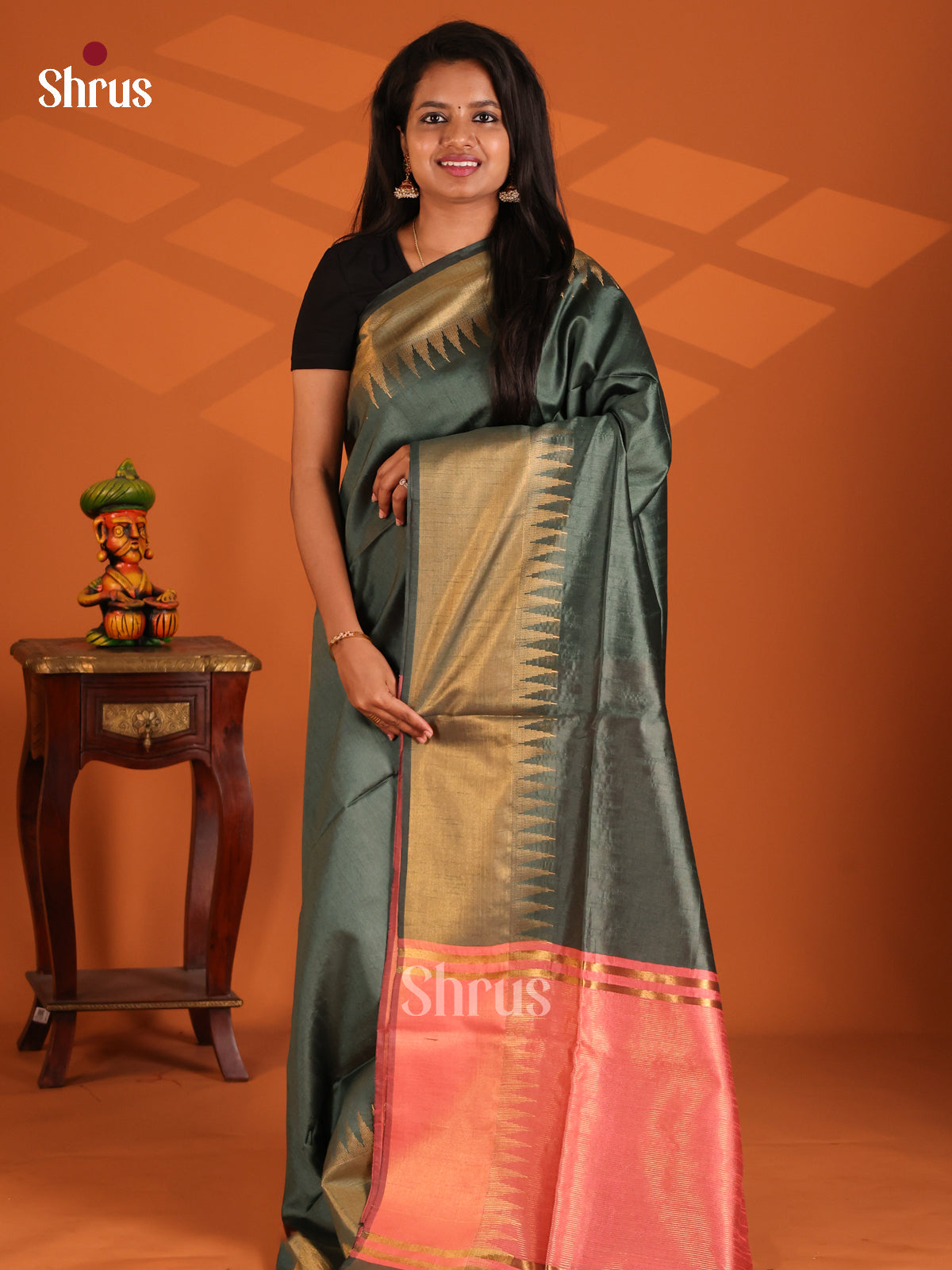 Green with Pink  - Semi Rawsilk Saree - Shop on Shrus.com
