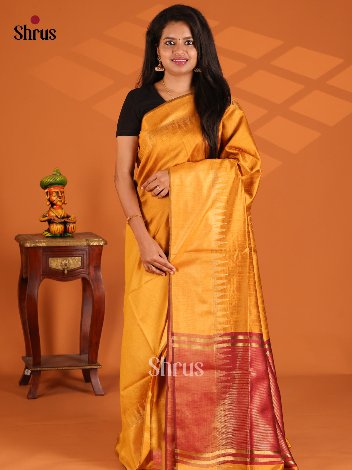 Mustard with Maroon - semi raw silk - Shop on Shrus.com