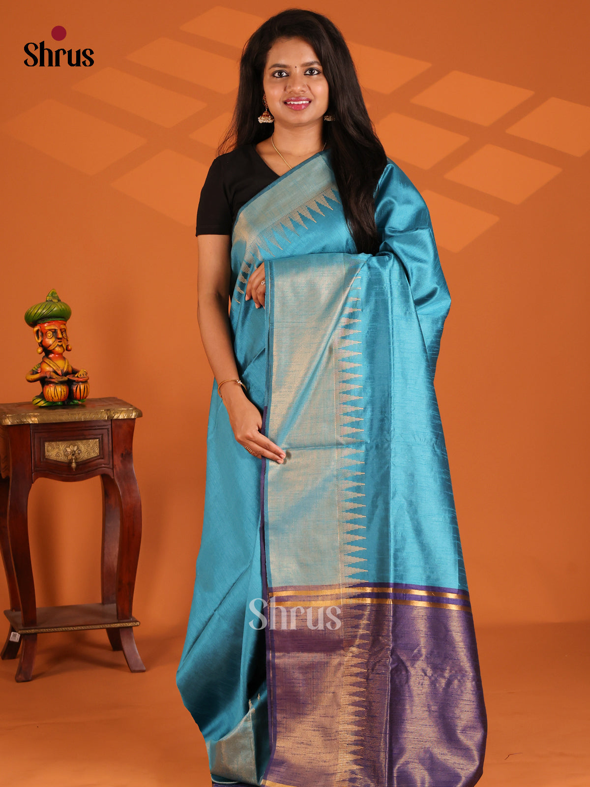 Rama Blue with Blue- semi raw silk Saree - Shop on Shrus.com