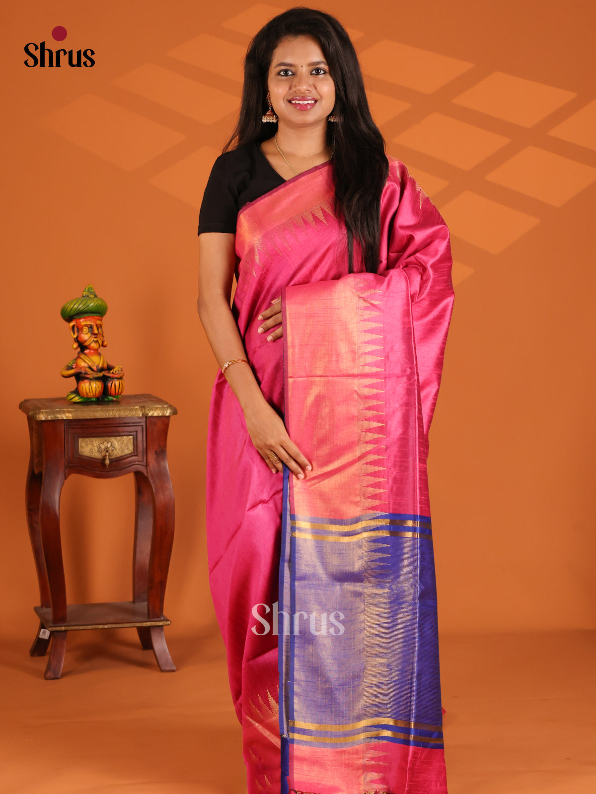 Pink with Blue - semi raw silk Saree - Shop on Shrus.com