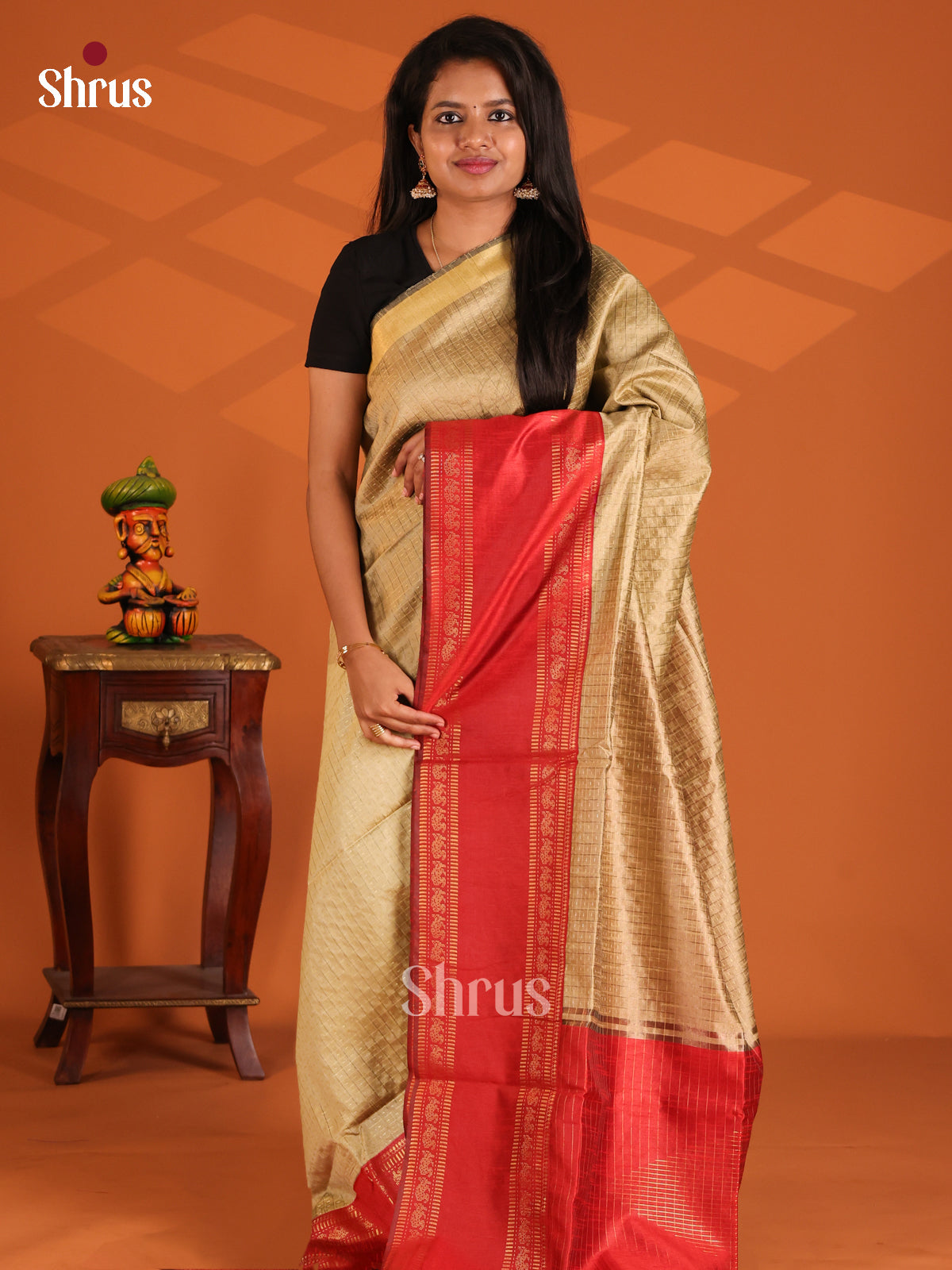Chickoo with Red- Semi Rawsilk Saree - Shop on Shrus.com
