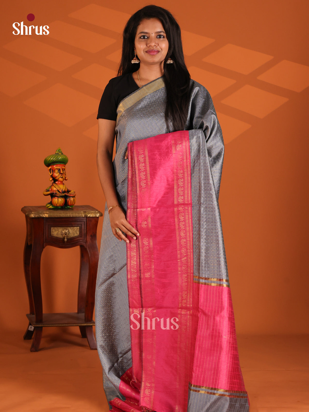 Grey with Pink- Semi Rawsilk Saree - Shop on Shrus.com