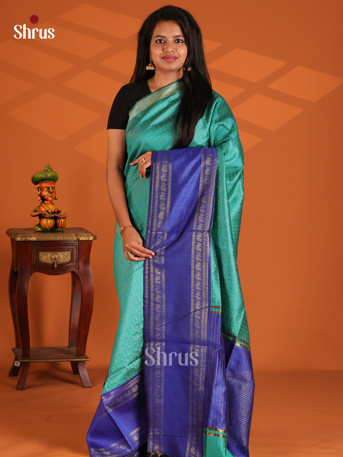 Teal with Blue - Semi Rawsilk Saree - Shop on Shrus.com
