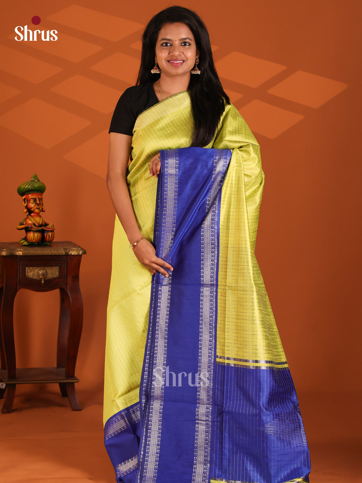 Lemon Yellow with Blue - Semi Rawsilk Saree - Shop on Shrus.com