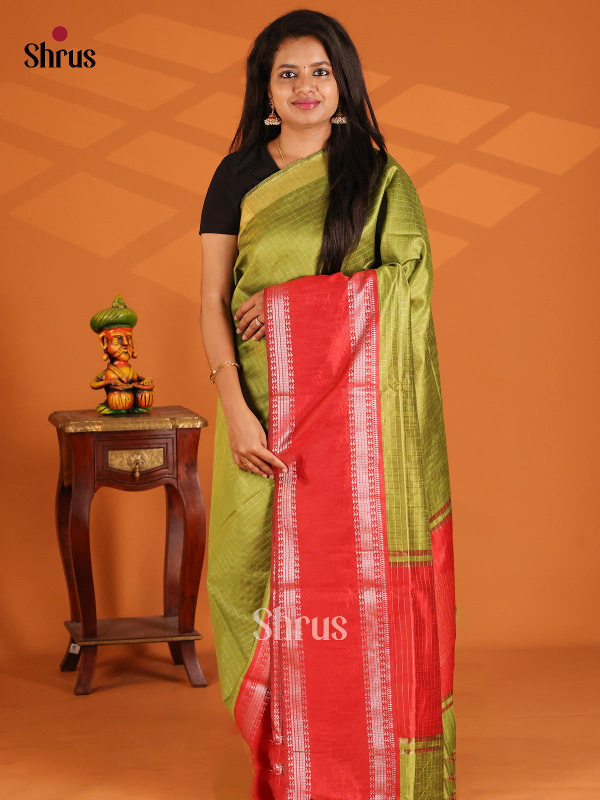 Lite Green with Red - Semi Rawsilk Saree - Shop on Shrus.com