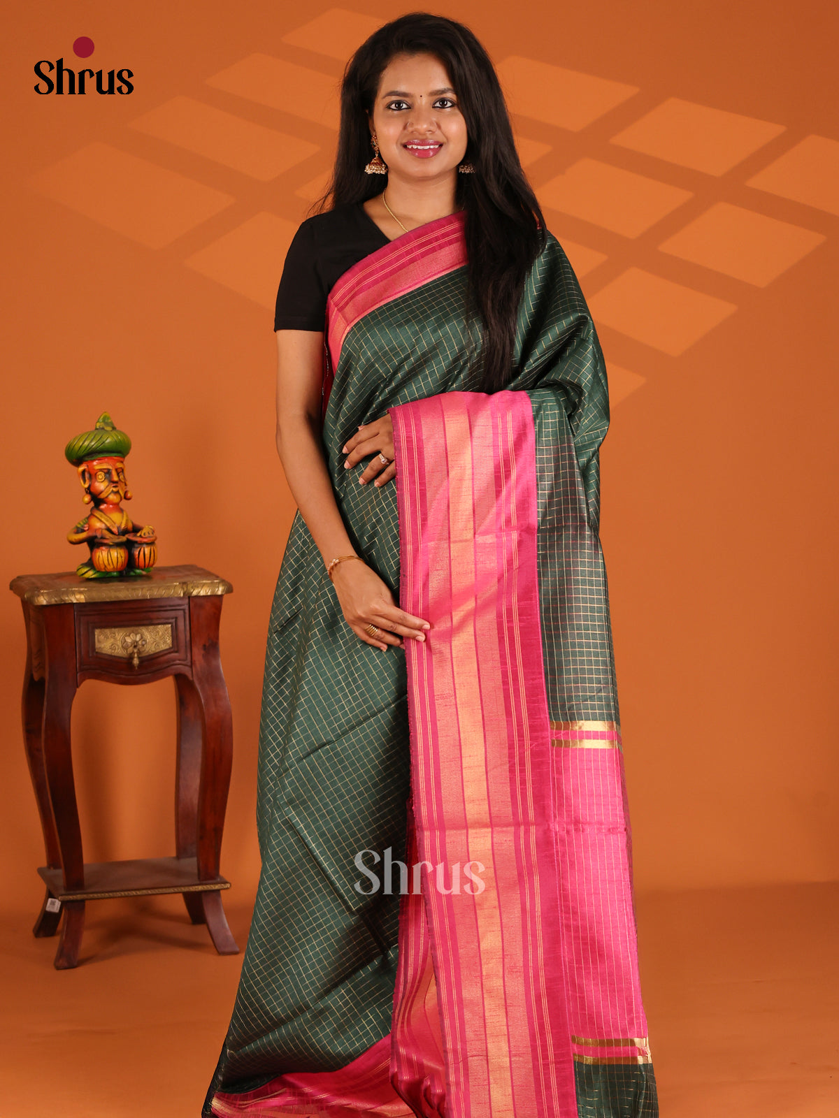 Green with Maroon - semi raw silk Saree - Shop on Shrus.com
