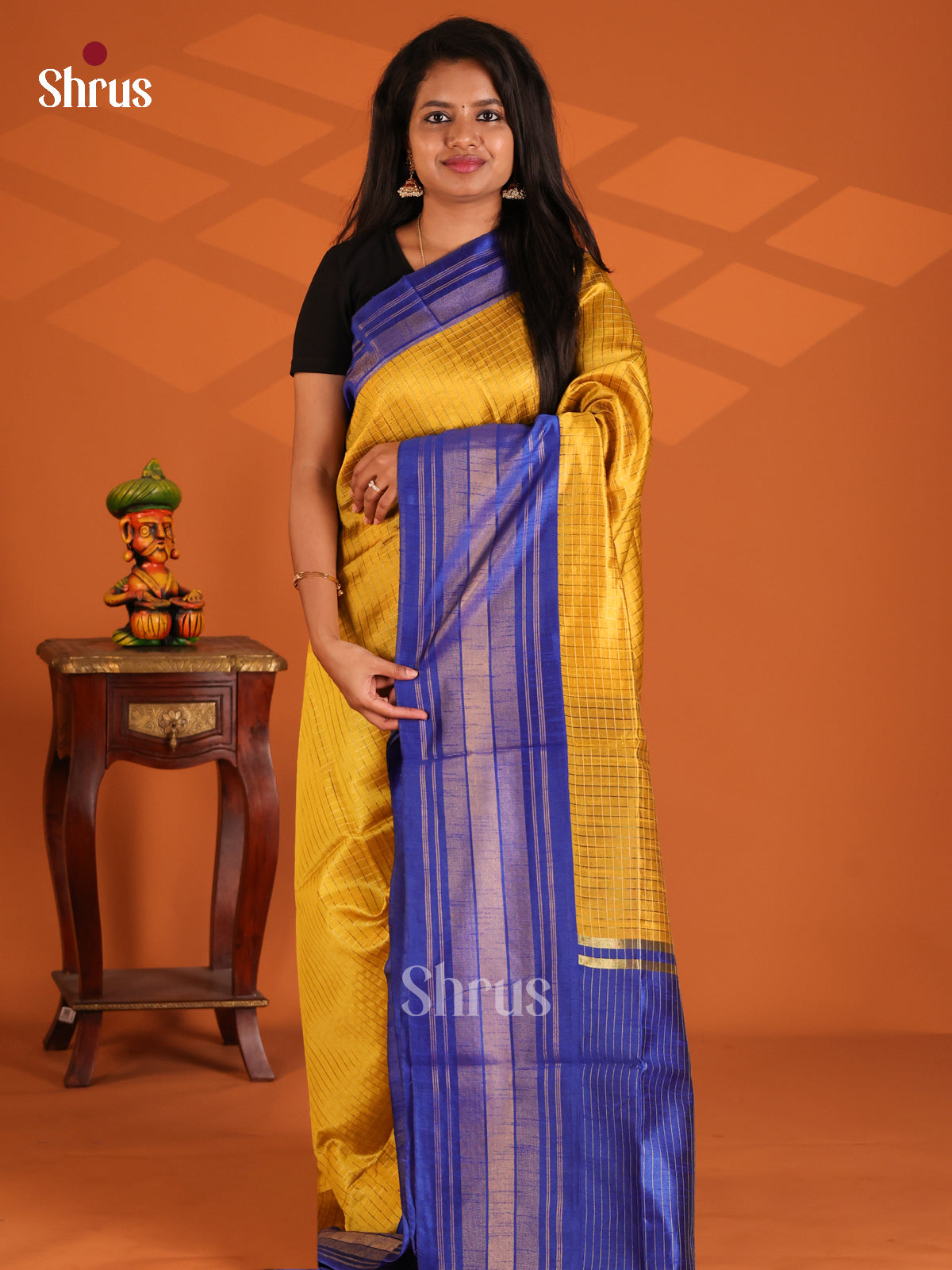 Yellow & Blue - Semi Rawsilk Saree - Shop on Shrus.com