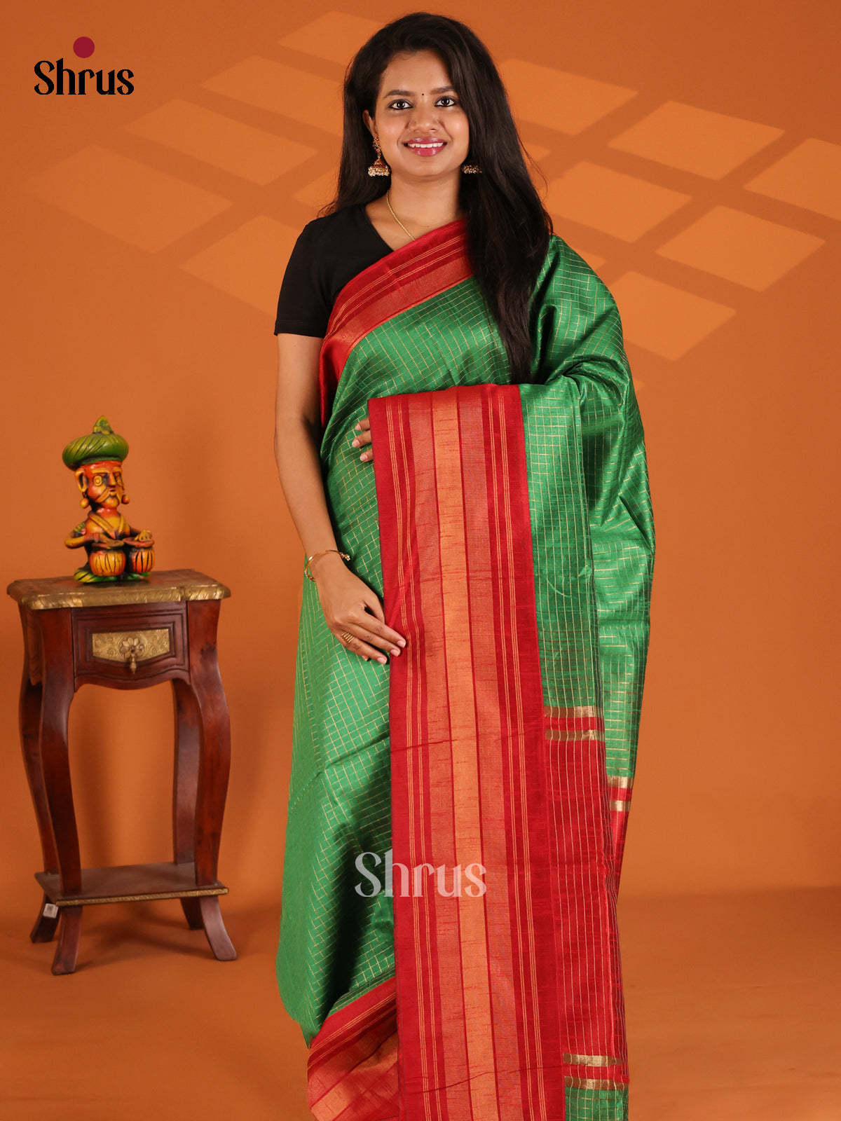 Green with Red - semi raw silk Saree - Shop on Shrus.com