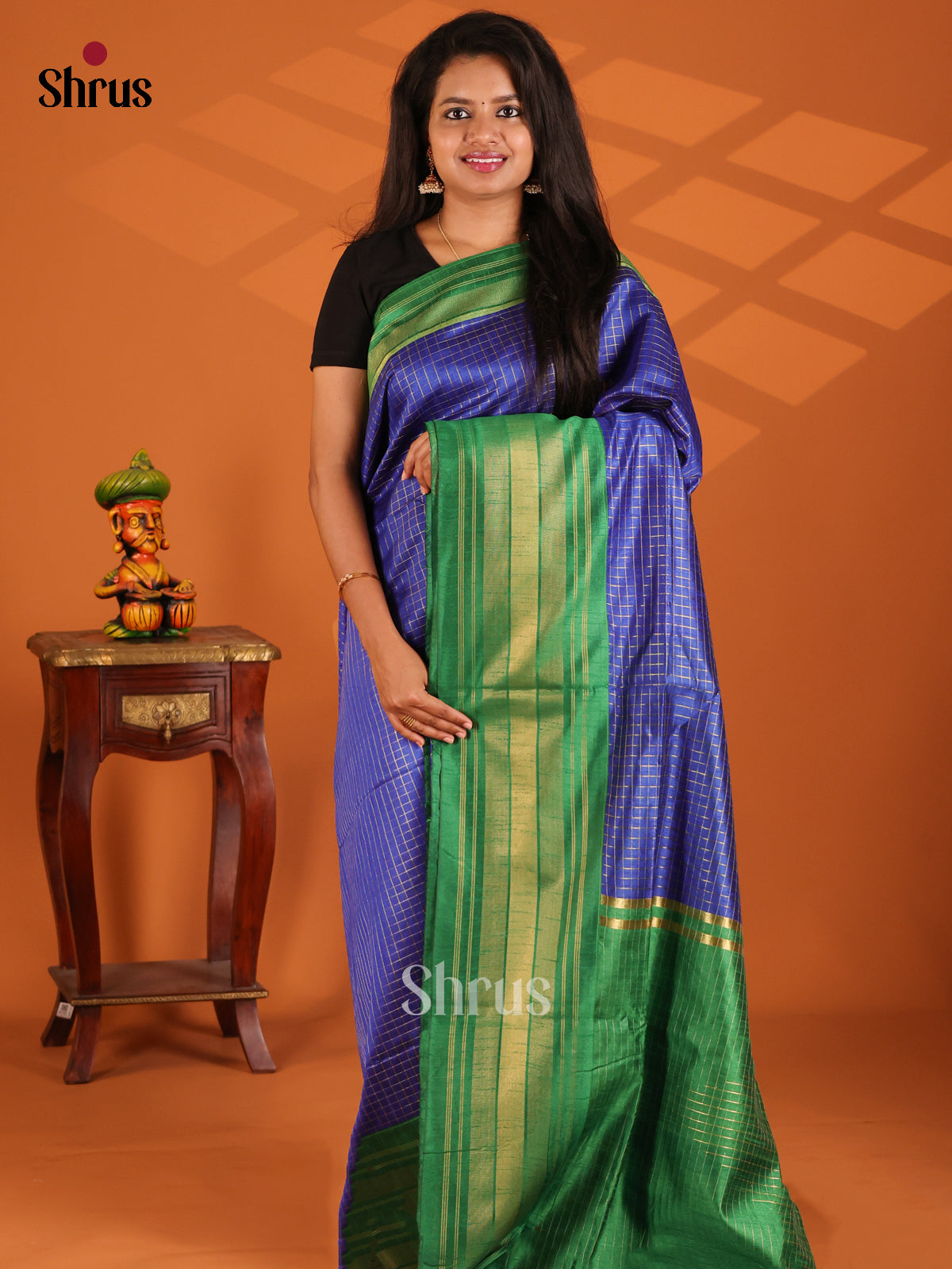 Blue with Green  - semi raw silk Saree - Shop on Shrus.com