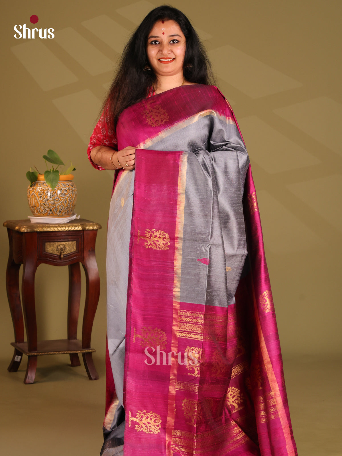 Charming Grey Raw Silk Saree with thread woven buttas , contrast Maroon border - Shop on Shrus.com