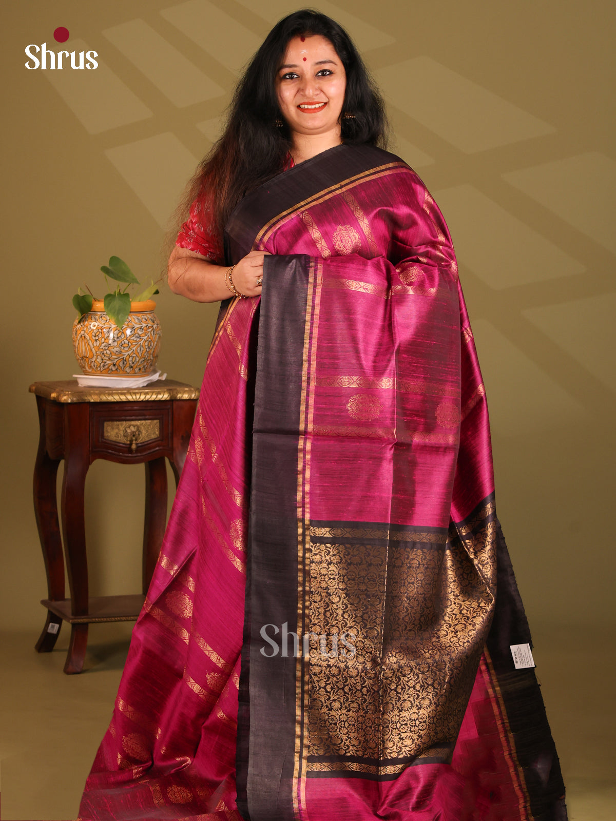 Exquisite Maroon Raw Silk Saree with Zari stripes, motifs , contrast Jamun brocade pallu - Shop on Shrus.com