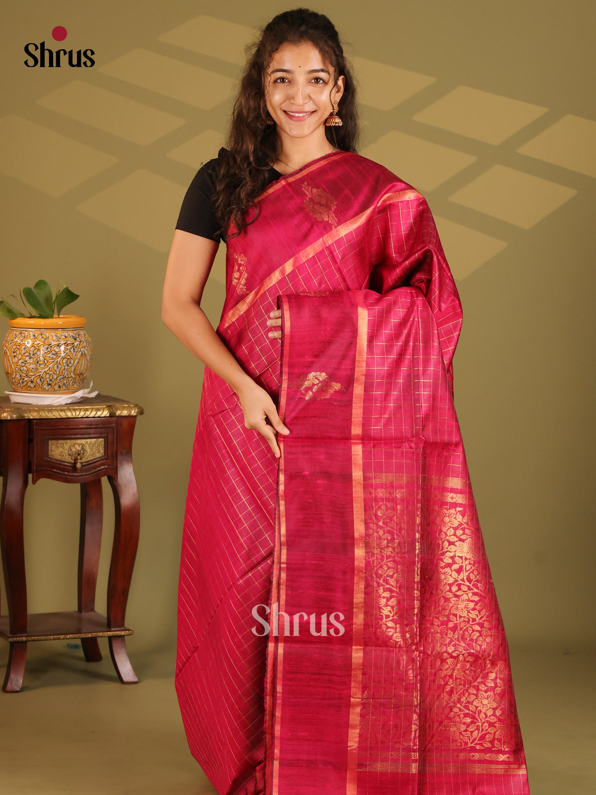 Bright Red Monochrome Raw Silk Saree with zari checks , self zari brocade pallu - Shop on Shrus.com