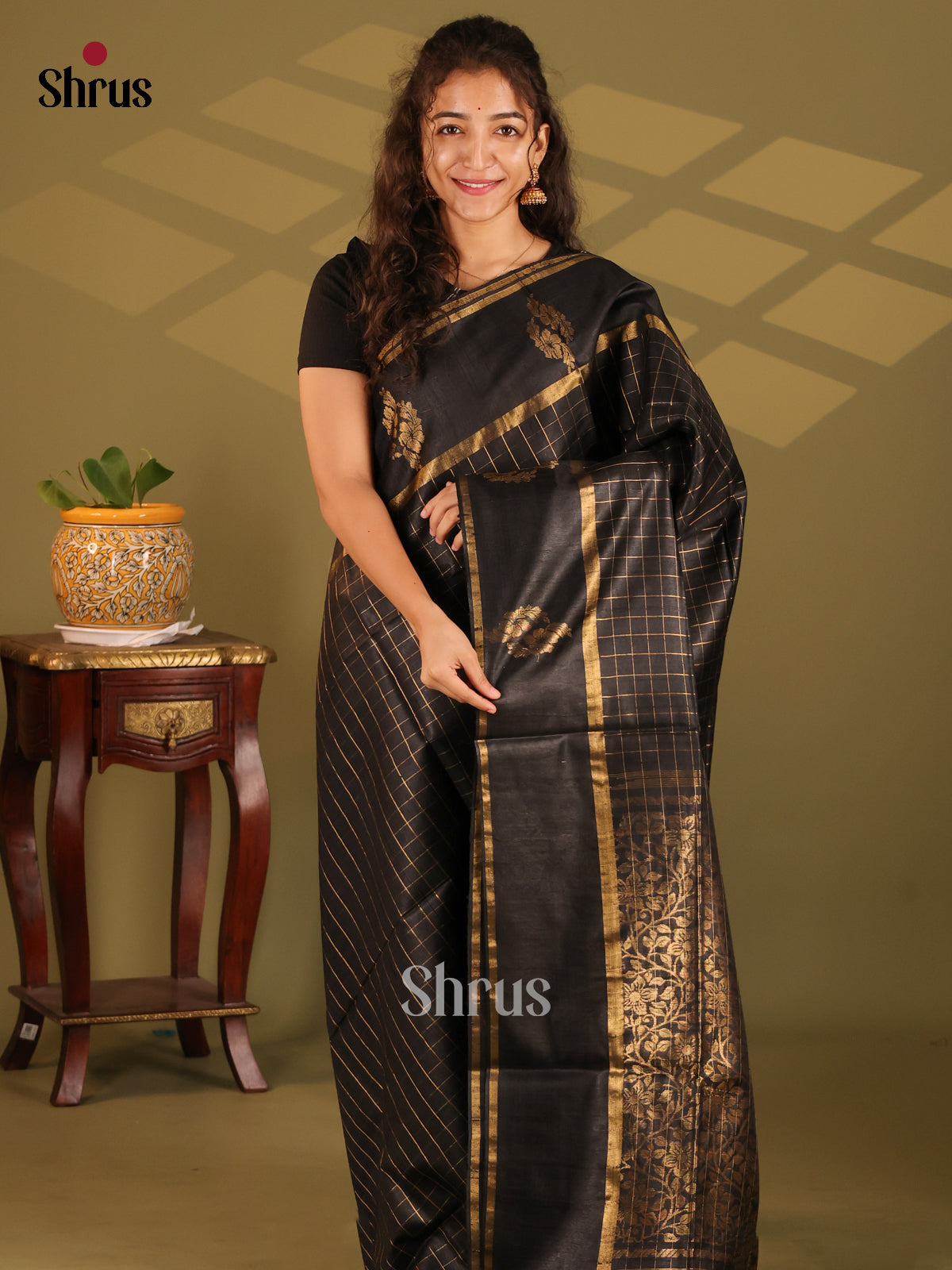 Exquisite Black Single tone Raw Silk Saree with gold zari checks , self brocade pallu - Shop on Shrus.com