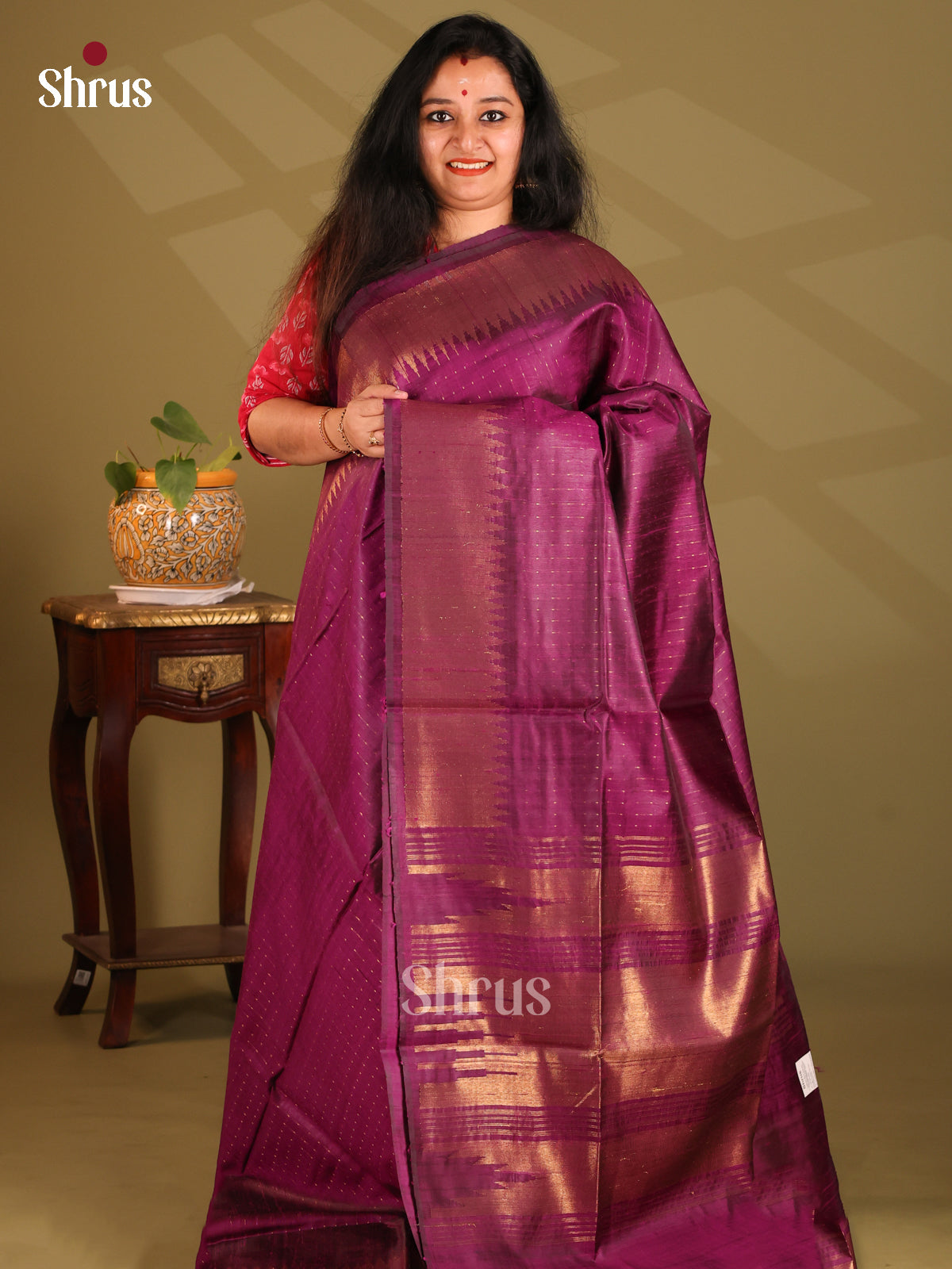 Pretty Purple single tone Raw Silk Saree with zari stripes, self woven pallu - Shop on Shrus.com