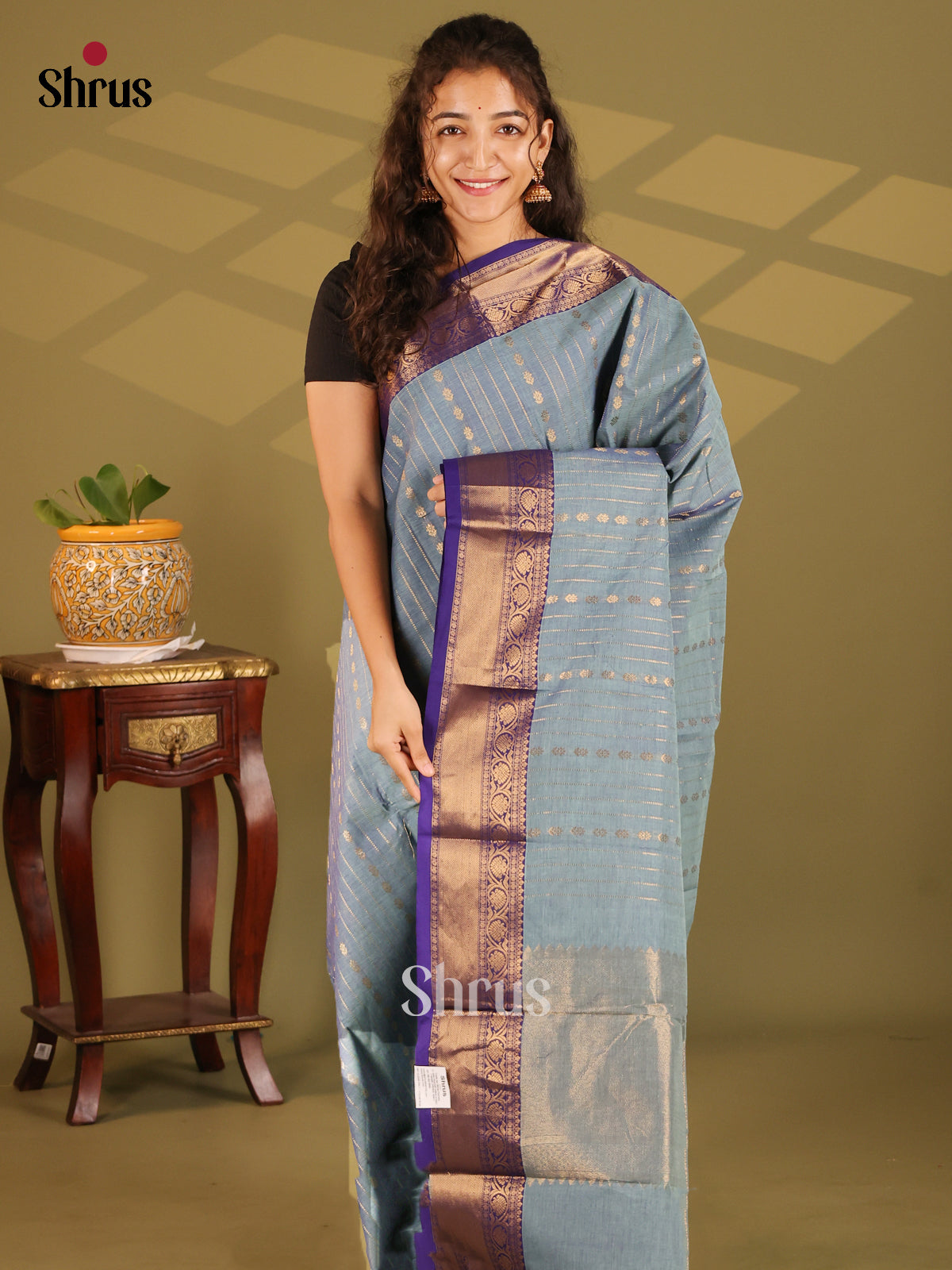 Grey with Blue - Chettinad Cotton Saree - Shop on Shrus.com