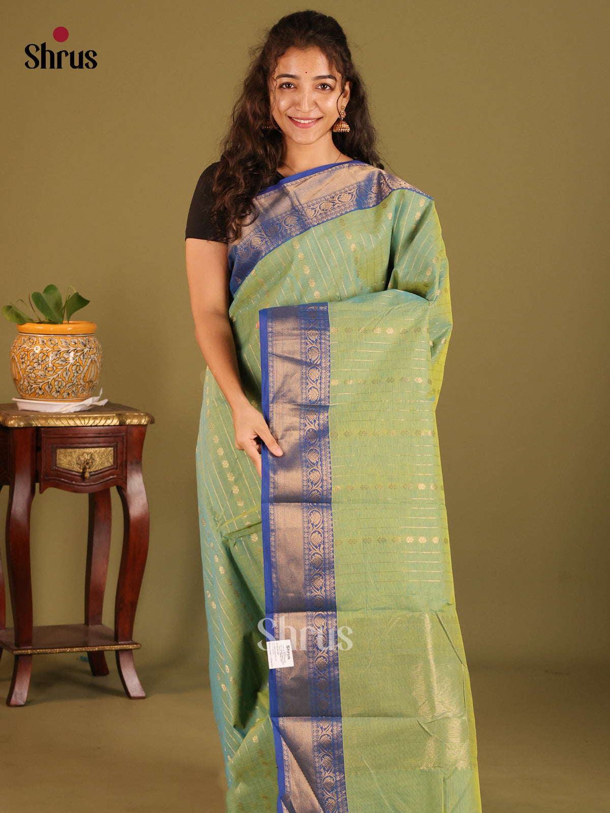 Pista Green with Blue - Chettinad Cotton Saree - Shop on Shrus.com