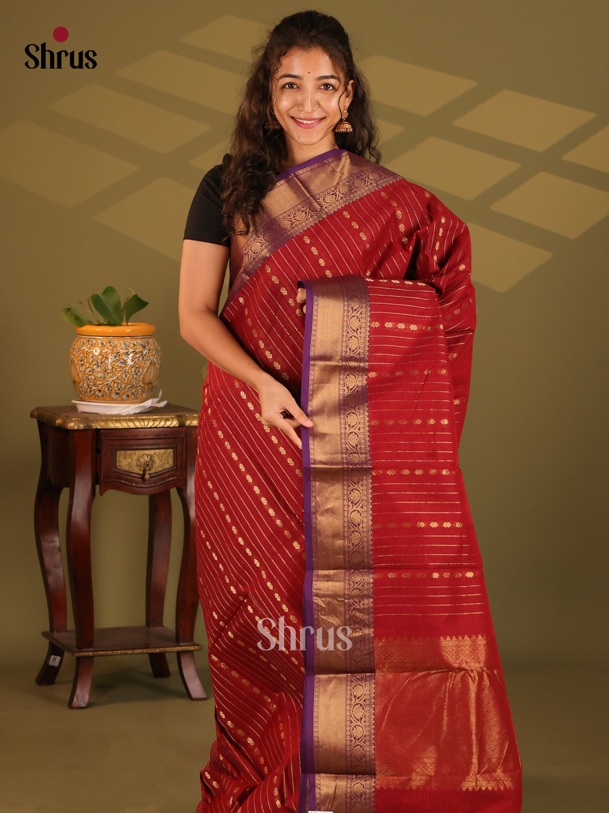 Red with Violet - Chettinad Cotton Saree - Shop on Shrus.com