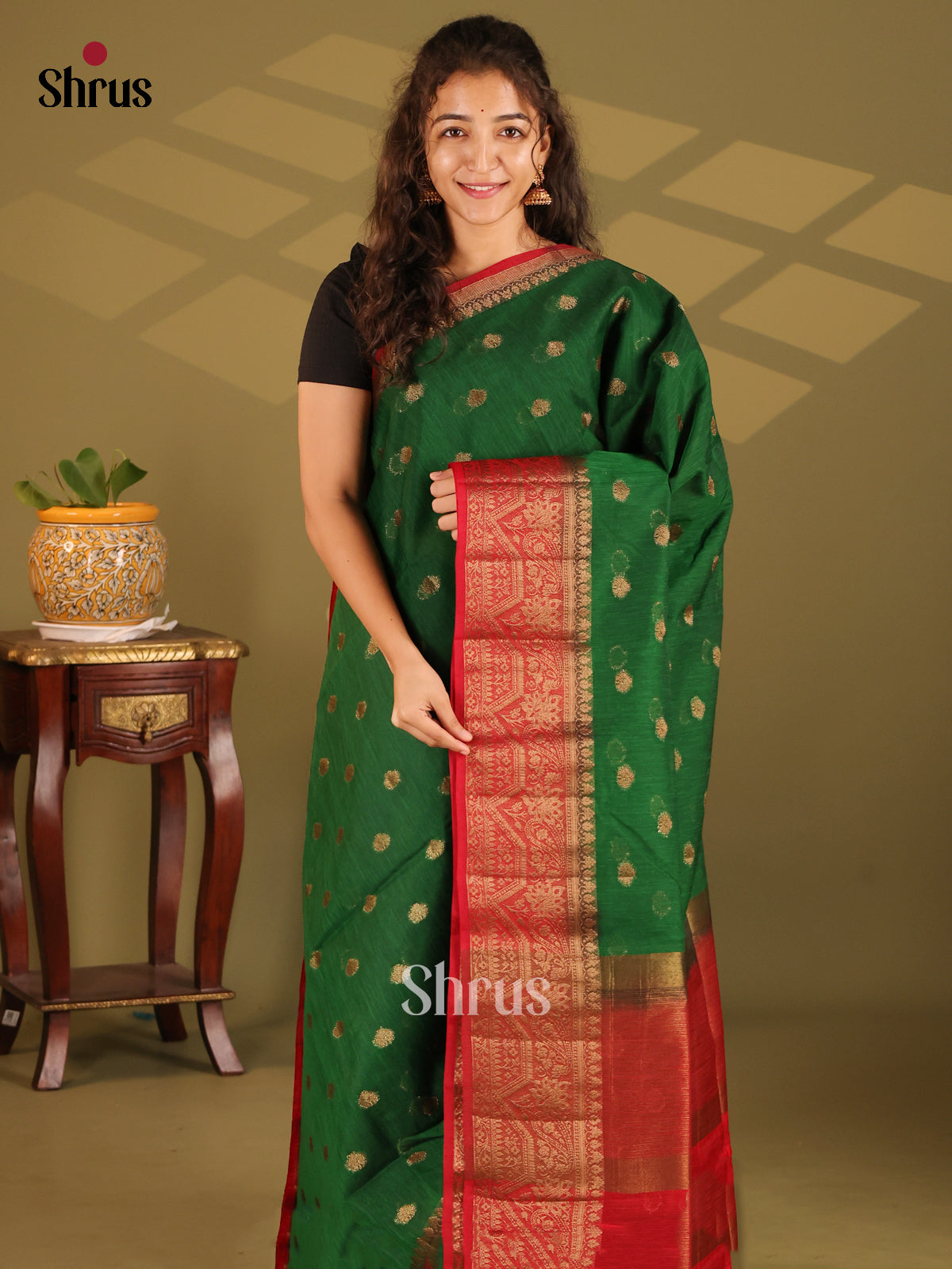 Green with Red - Semi Jute Saree - Shop on Shrus.com