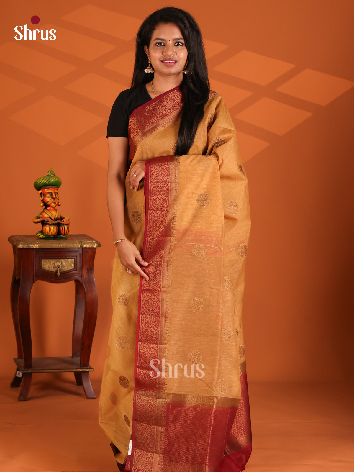 Chikoo with Maroon - Semi Jute Saree - Shop on Shrus.com
