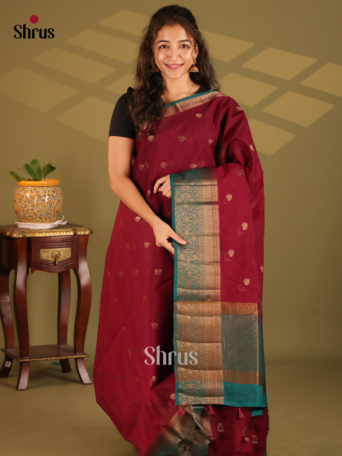 Maroon & Blue- Semi Jute Saree - Shop on Shrus.com