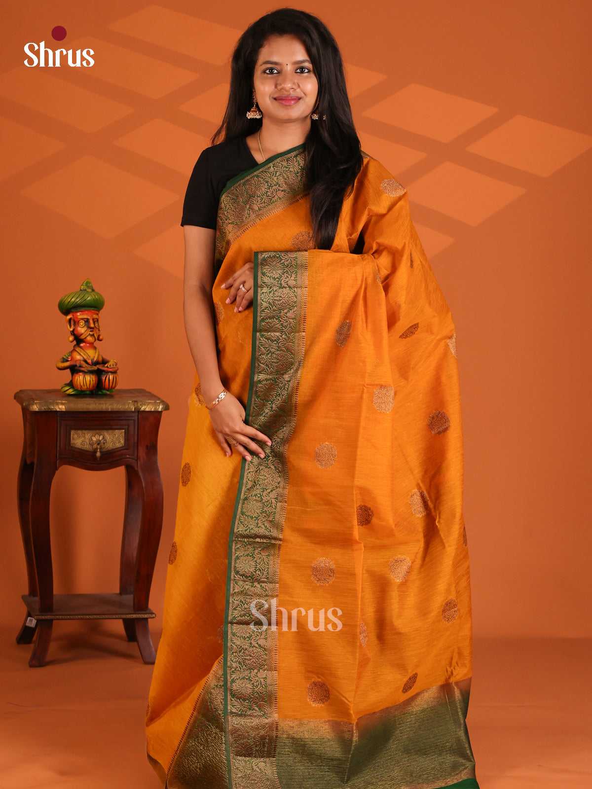 Orange with Green - Semi Jute Saree - Shop on Shrus.com