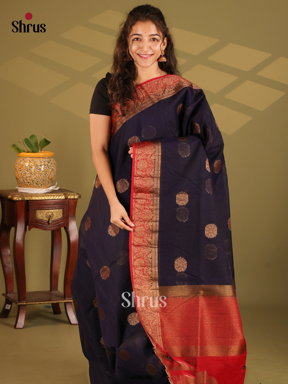 Blue with Red- Semi Jute Saree - Shop on Shrus.com