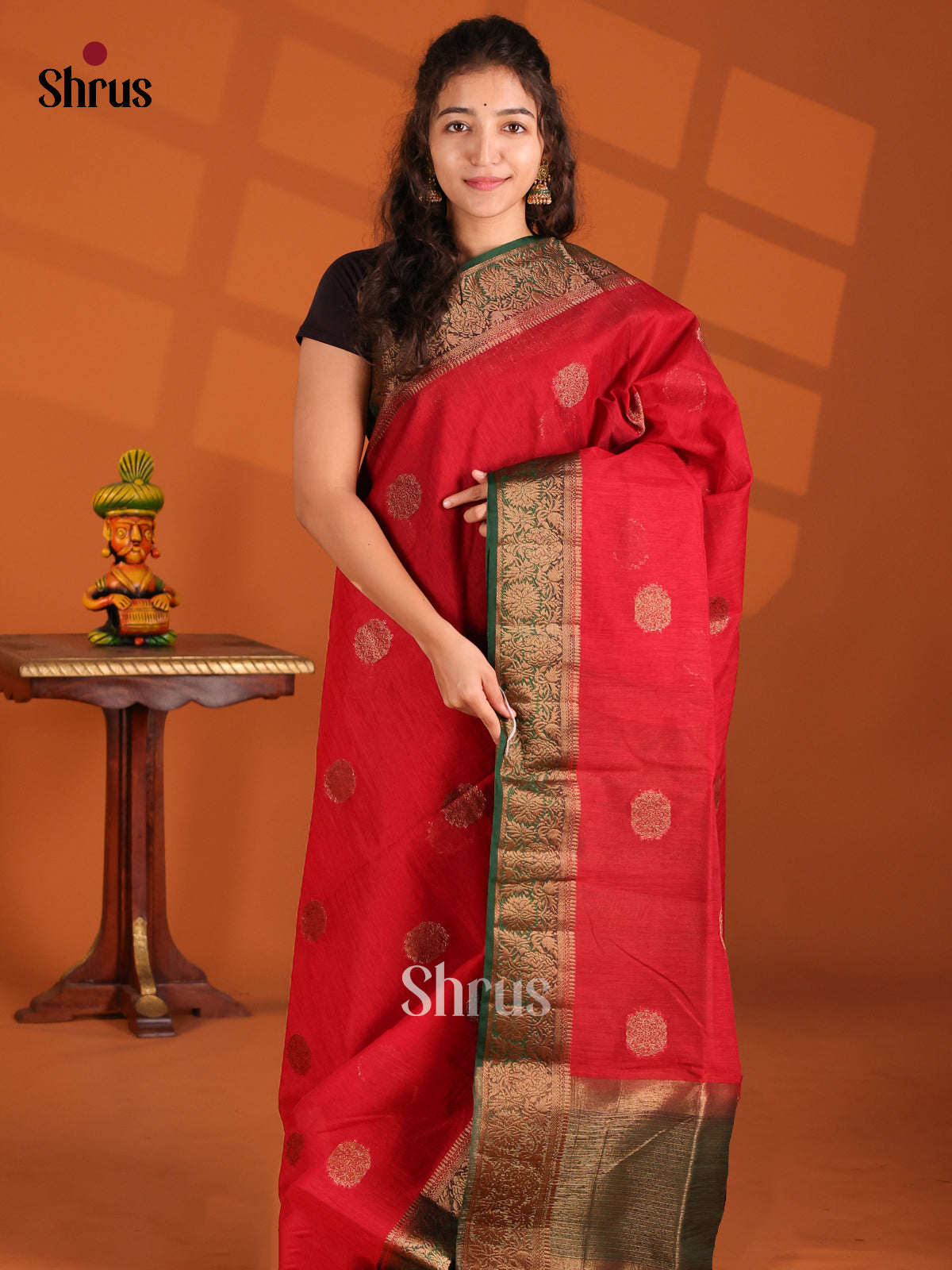 Red & Green- Semi Jute Saree - Shop on Shrus.com