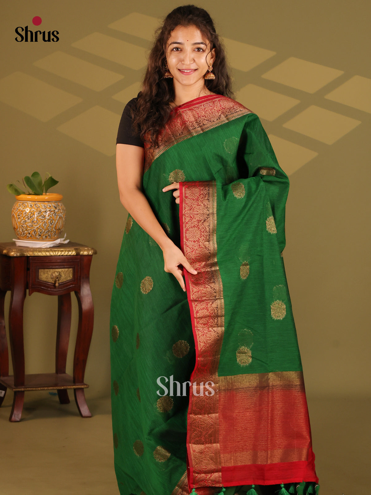 Green & Red - Semi Jute Saree - Shop on Shrus.com