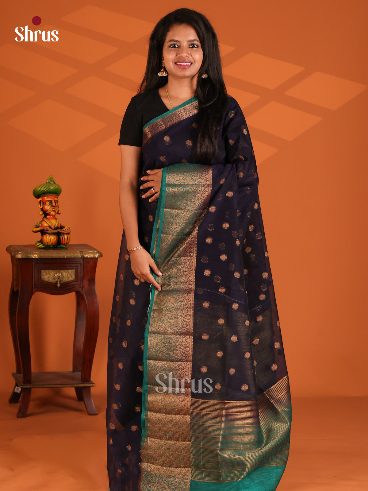 Blue with Green - Semi Jute Saree - Shop on Shrus.com
