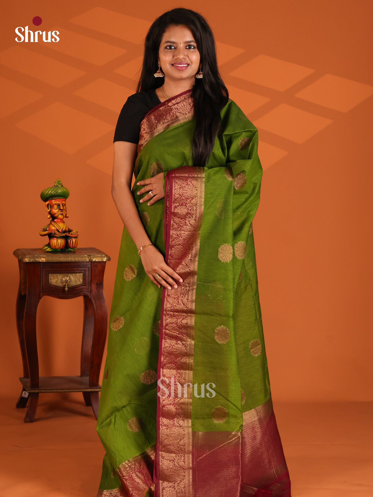 Green with Maroon - Semi Jute Saree - Shop on Shrus.com