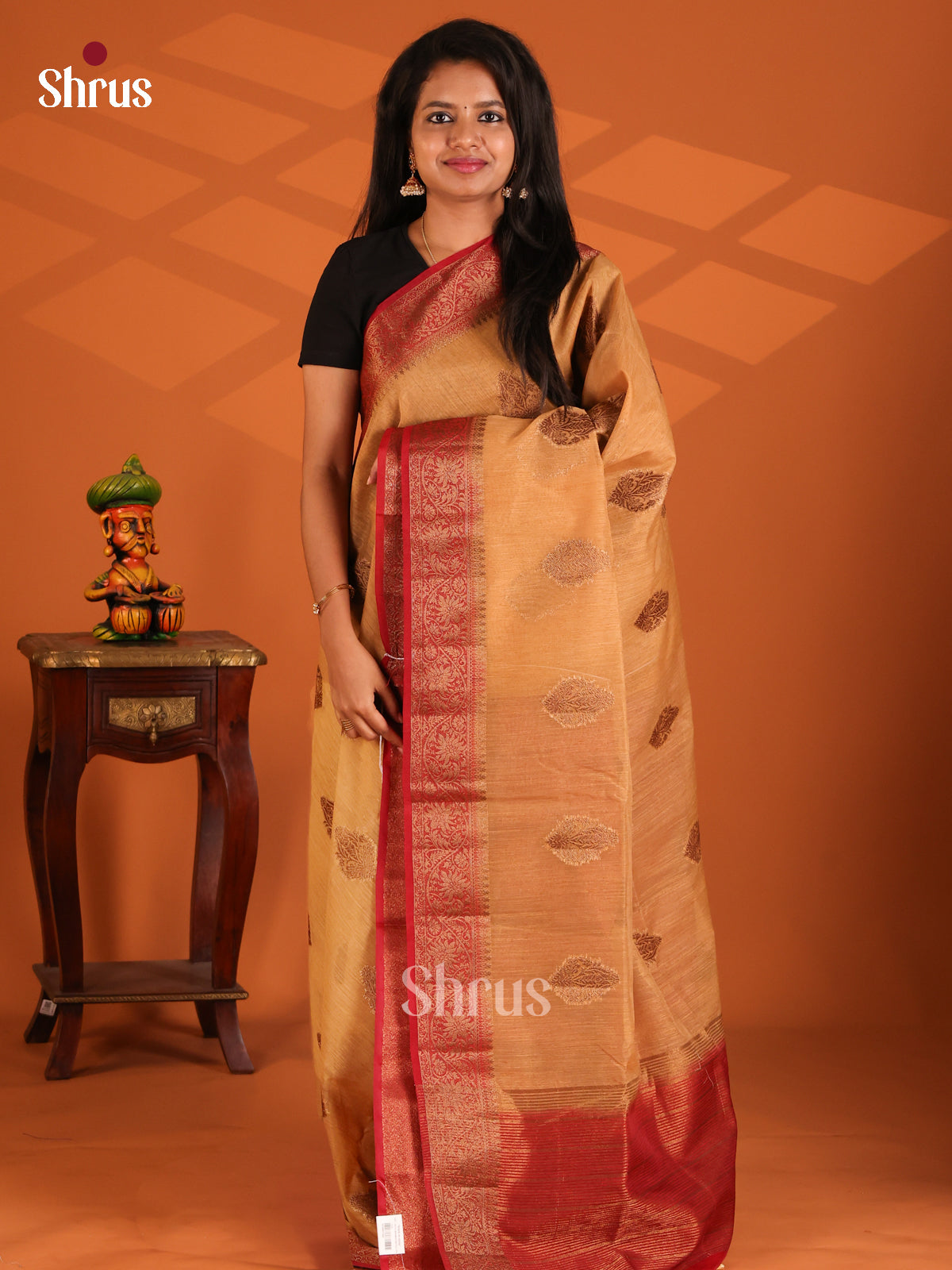 Chikoo with Maroon - Semi Jute Saree - Shop on Shrus.com