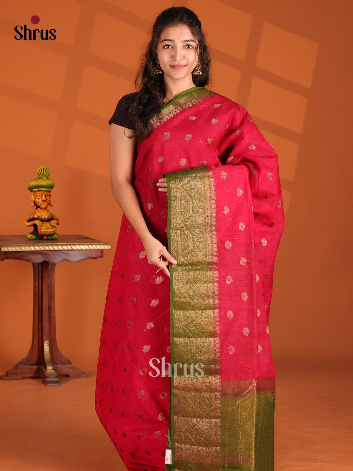 Red & Green- Semi Jute Saree - Shop on Shrus.com