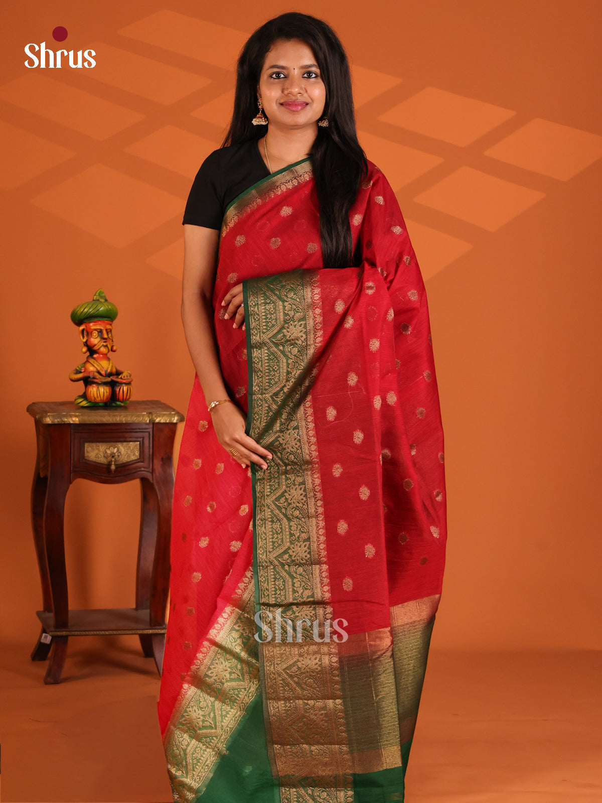 Red with Green- Semi Jute Saree - Shop on Shrus.com