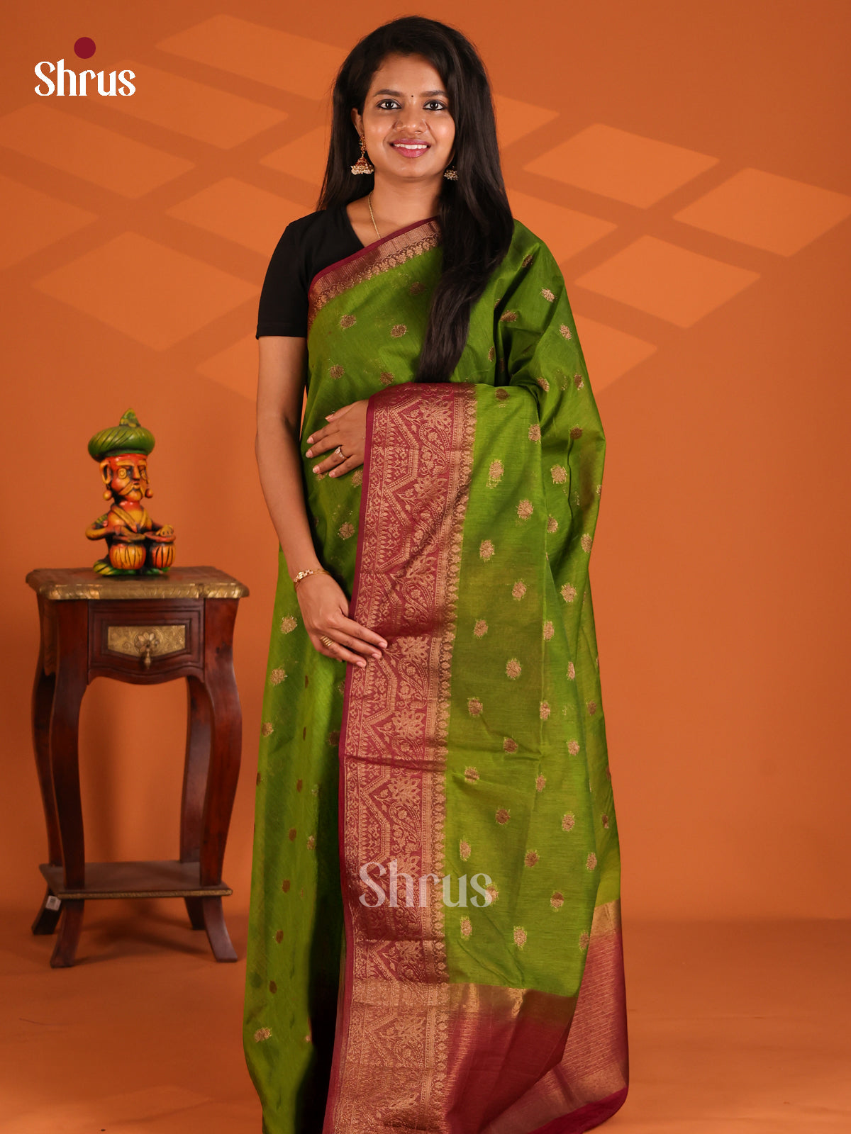 Green with Maroon- Semi Jute Saree - Shop on Shrus.com
