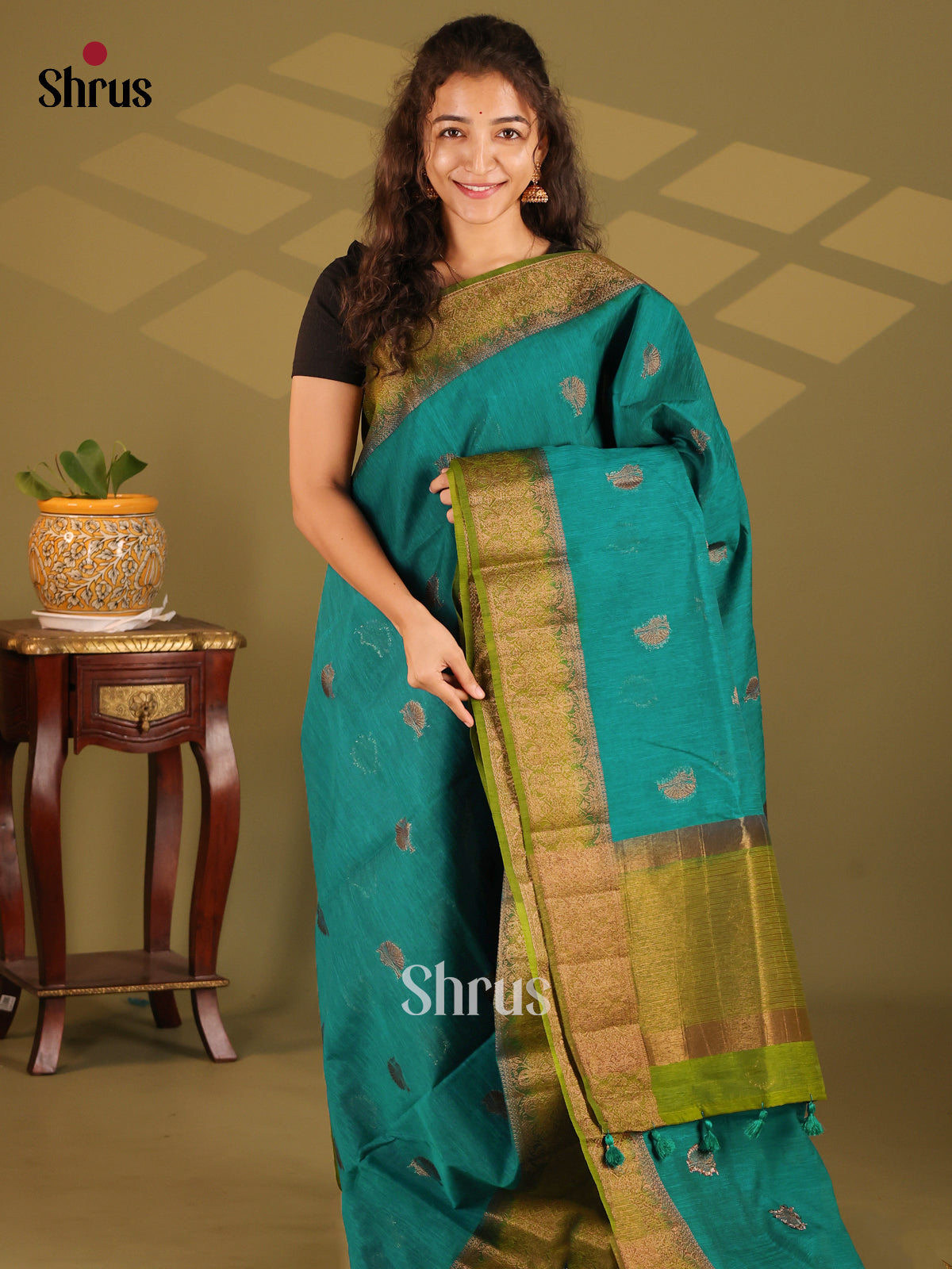 Green & Lite Green- Semi Jute Saree - Shop on Shrus.com