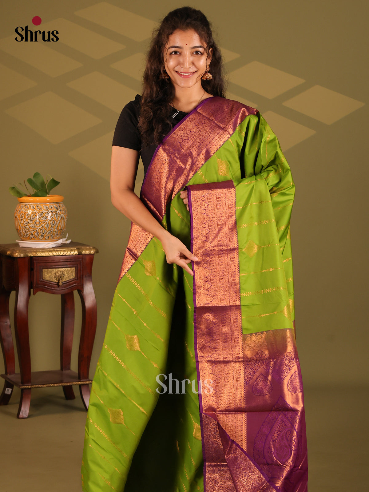 Green with Violet- Semi Kanchipuram Saree - Shop on Shrus.com