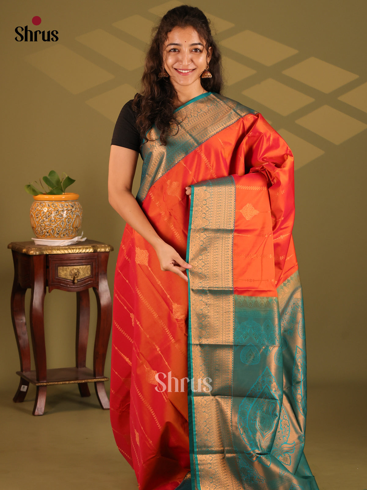 Orange with Blue - Semi Kanchipuram Saree - Shop on Shrus.com