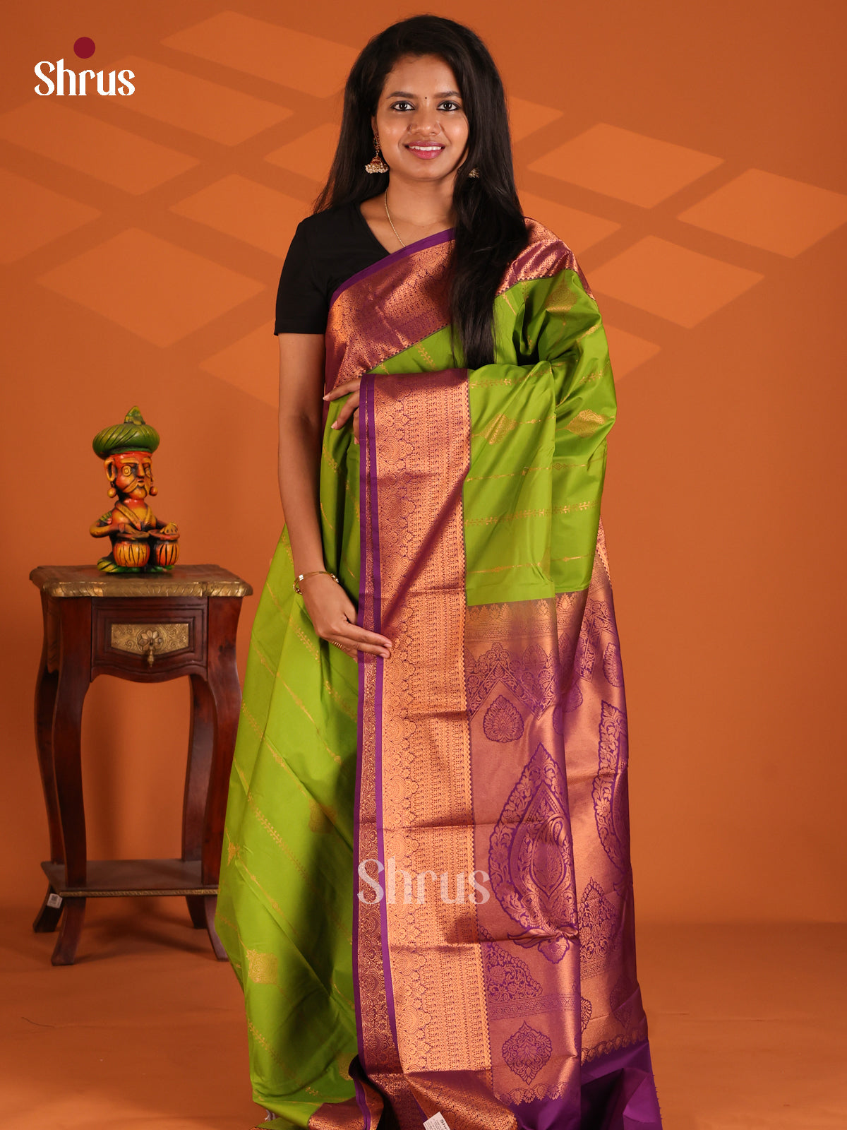 Lite Green with Purple - Semi Kanchipuram Saree - Shop on Shrus.com