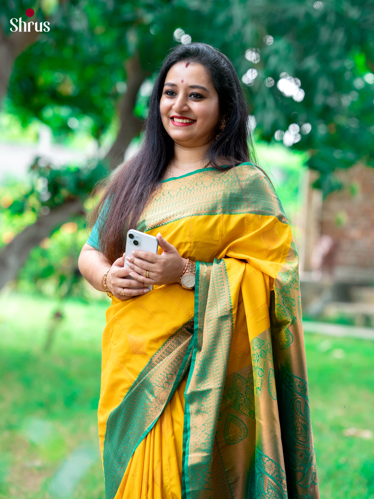 Lemon Yellow & Green- Semi Kanchipuram Saree - Shop on Shrus.com
