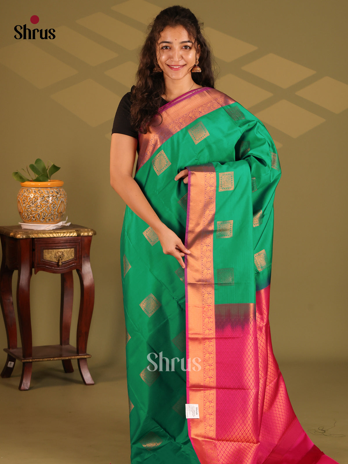 Green with Pink- Semi Kanchipuram Saree - Shop on Shrus.com