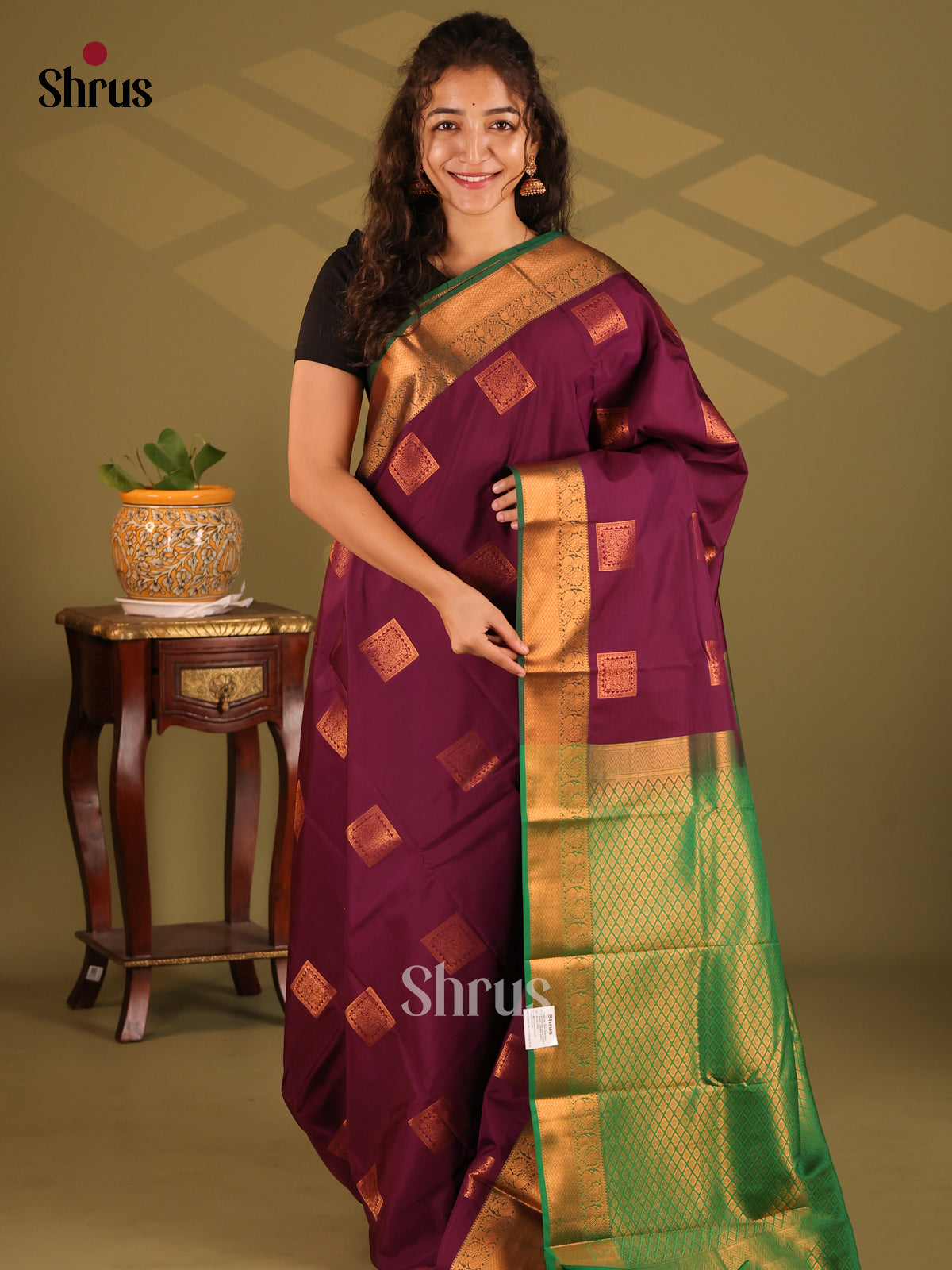 Purple with Green- Semi Kanchipuram Saree - Shop on Shrus.com