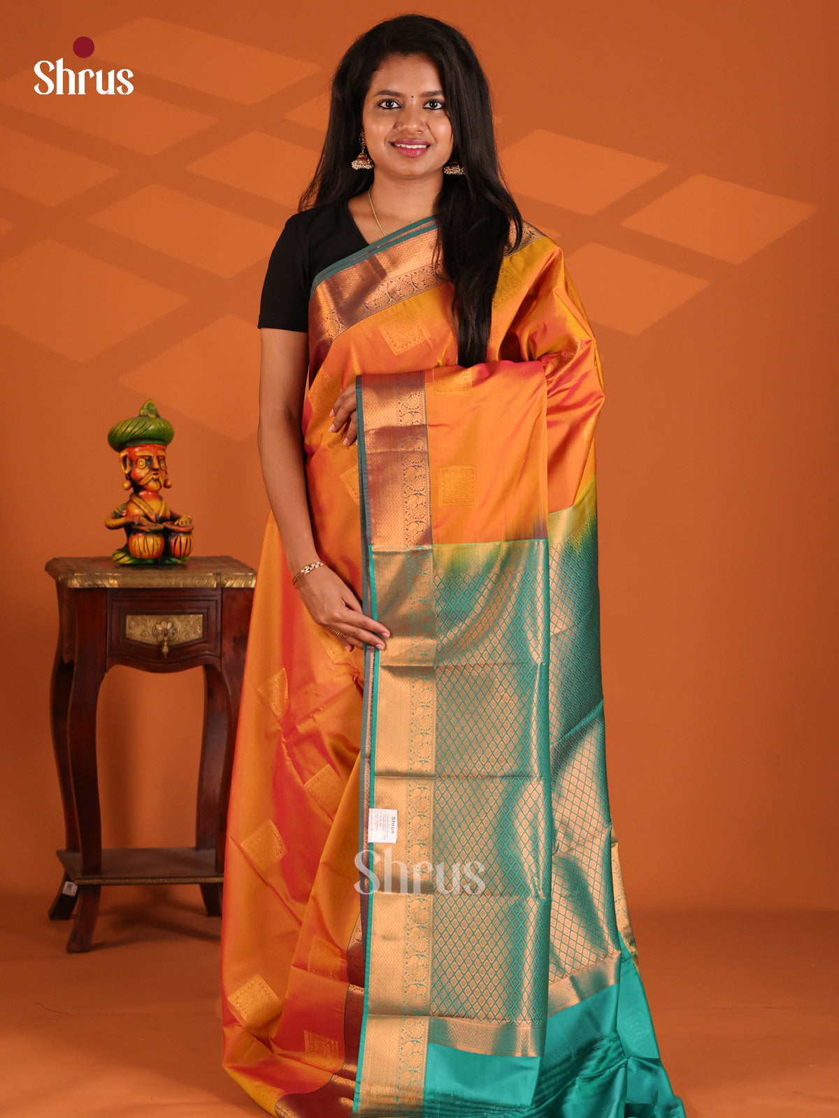 Orange with Green - Semi Kanchipuram Saree - Shop on Shrus.com