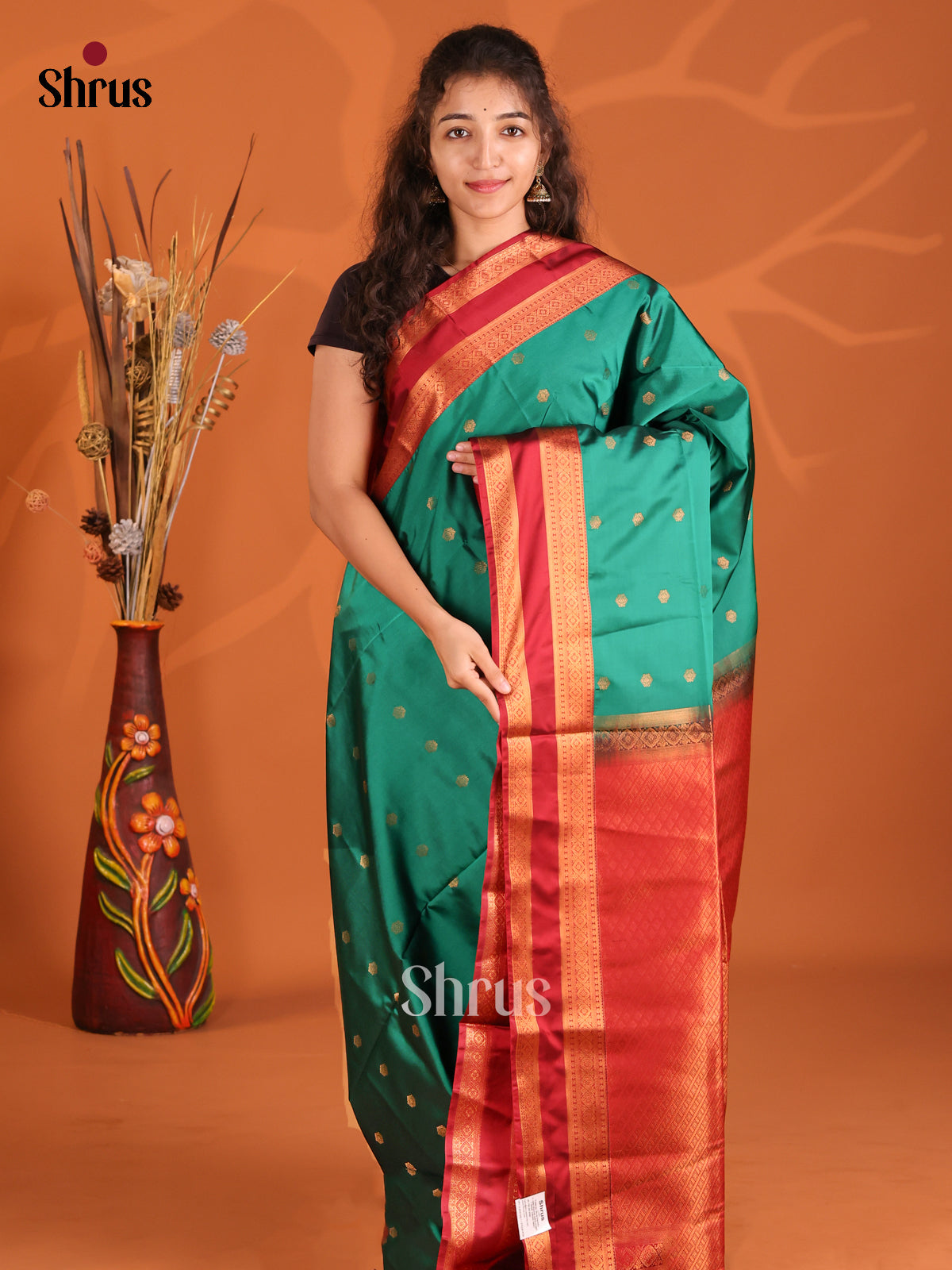 Green & Red - Semi Softsilk Saree - Shop on Shrus.com