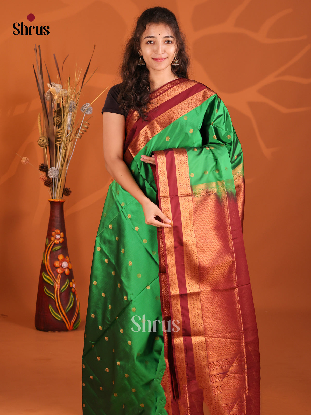 Green & Maroon- Semi Softsilk Saree - Shop on Shrus.com