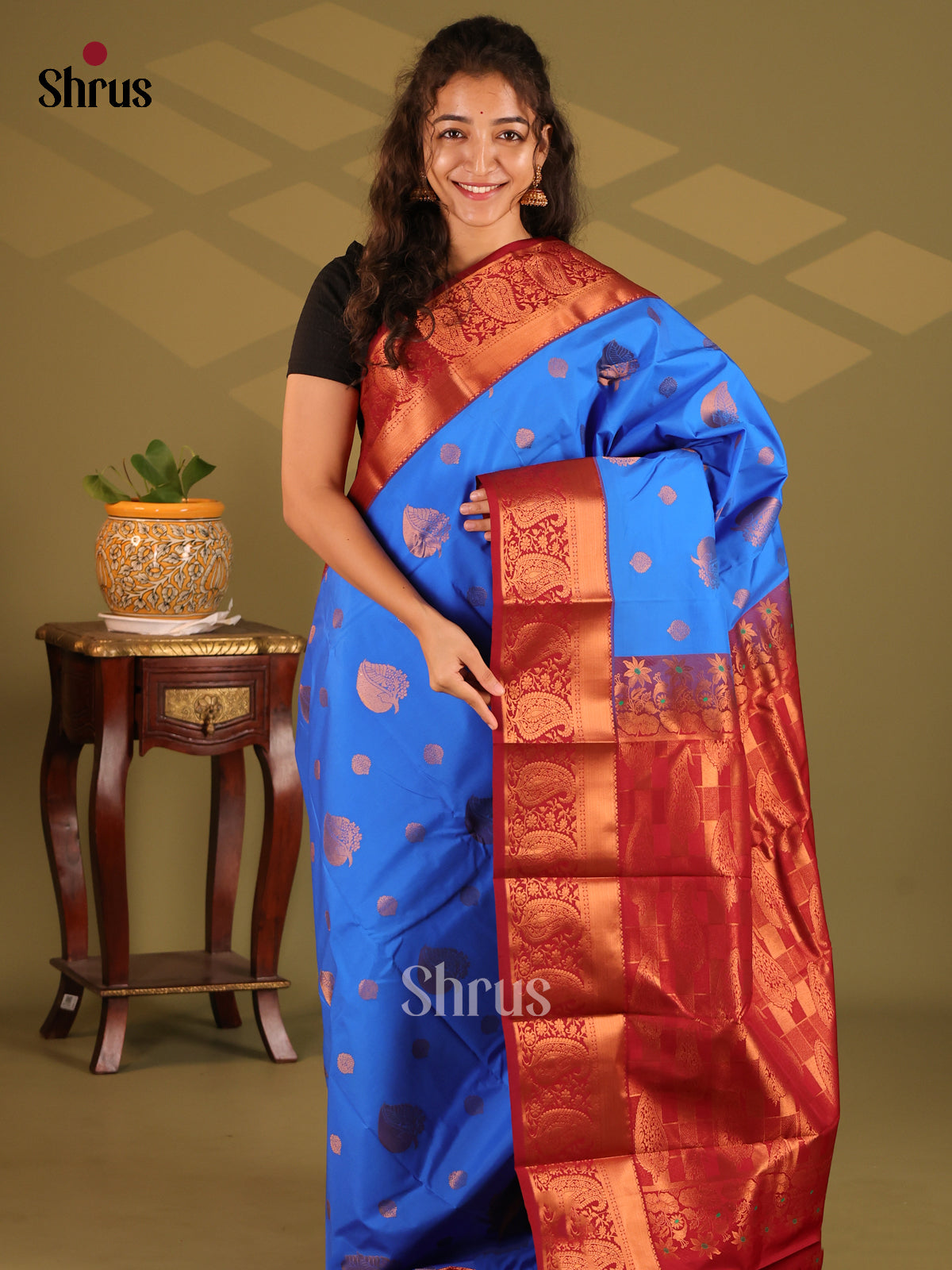 Blue with Maroon- Semi Kanchipuram Saree - Shop on Shrus.com