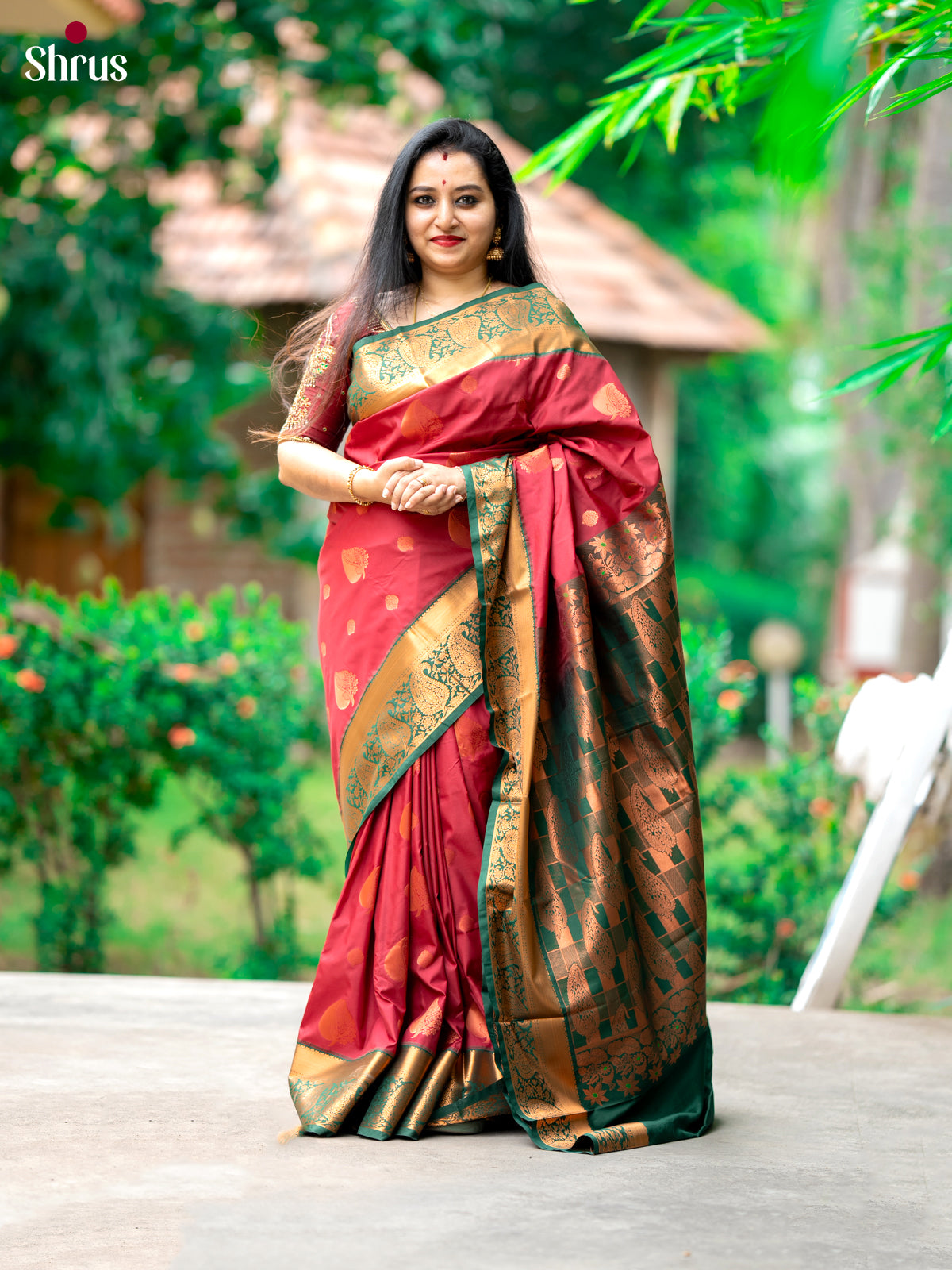 Maroon with Green - Semi Kanchipuram Saree - Shop on Shrus.com