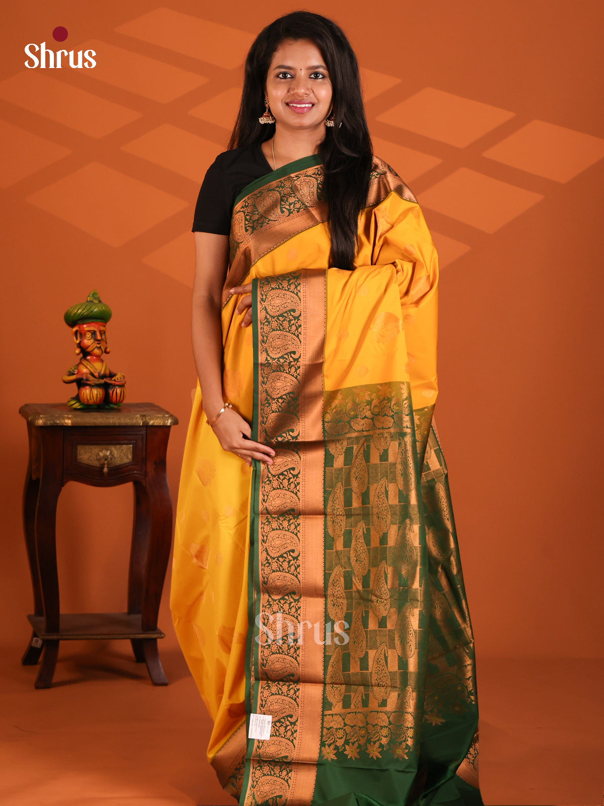 Yellow with Green - Semi Kanchipuram Saree - Shop on Shrus.com