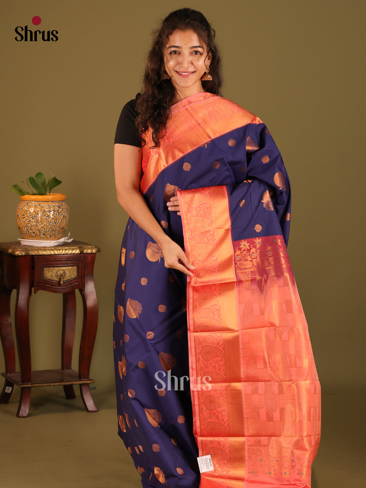 Blue with Orangish Pink- Semi Kanchipuram Saree - Shop on Shrus.com